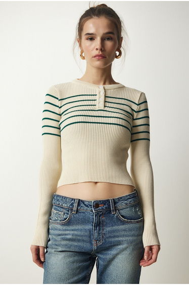 Women's Cream Green Buttoned Collar Ribbed Crop Knitwear Blouse