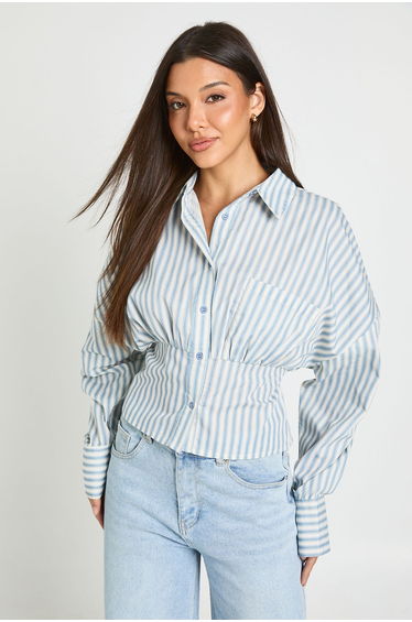 Cinched Stripe Shirt - blue