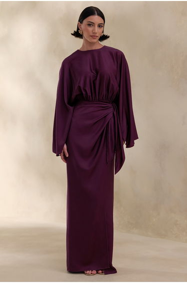 Delphina | Plum Satin Maxi Dress With Gathered And Knot-Detail