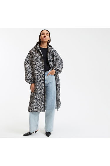 Printed Maxi-Length Windbreaker with Hood