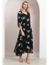 فستان شيك ويش أسود ماكسي على شكل حرف A بطبعة أزهار - 1