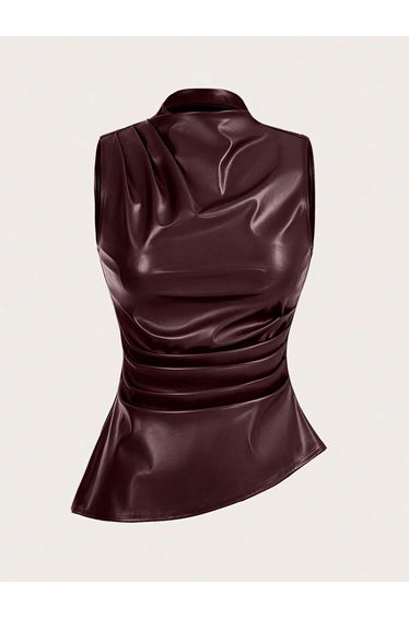Burgundy Faux Leather Pleated Asymmetric Hem Top