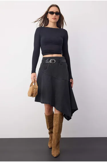 Black Asymmetrical Midi Denim Skirt