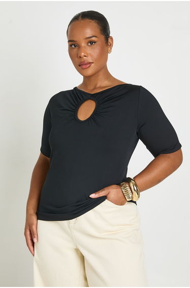 Plus 3/4 Long Sleeve Keyhole Top - black