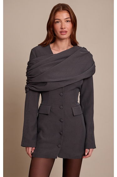 Grey Tailored Sash Detail Blazer Dress