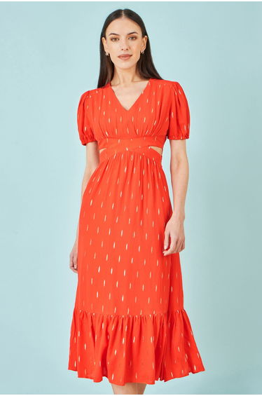 Yumi Orange Foil Print Viscose Cut Out Midi Dress