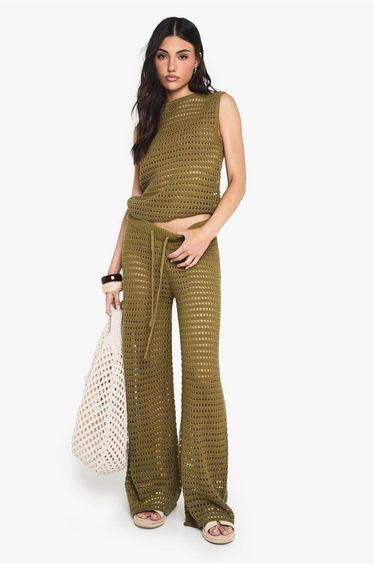 Crochet Knitted High Neck Top and Wide Leg Trouser - khaki