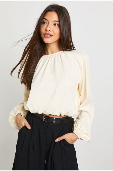 Pleated Balloon Sleeve Top - cream