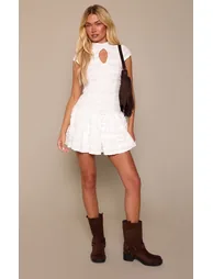 Cream Ruffle Detail Keyhole Cap Sleeve Shift Dress