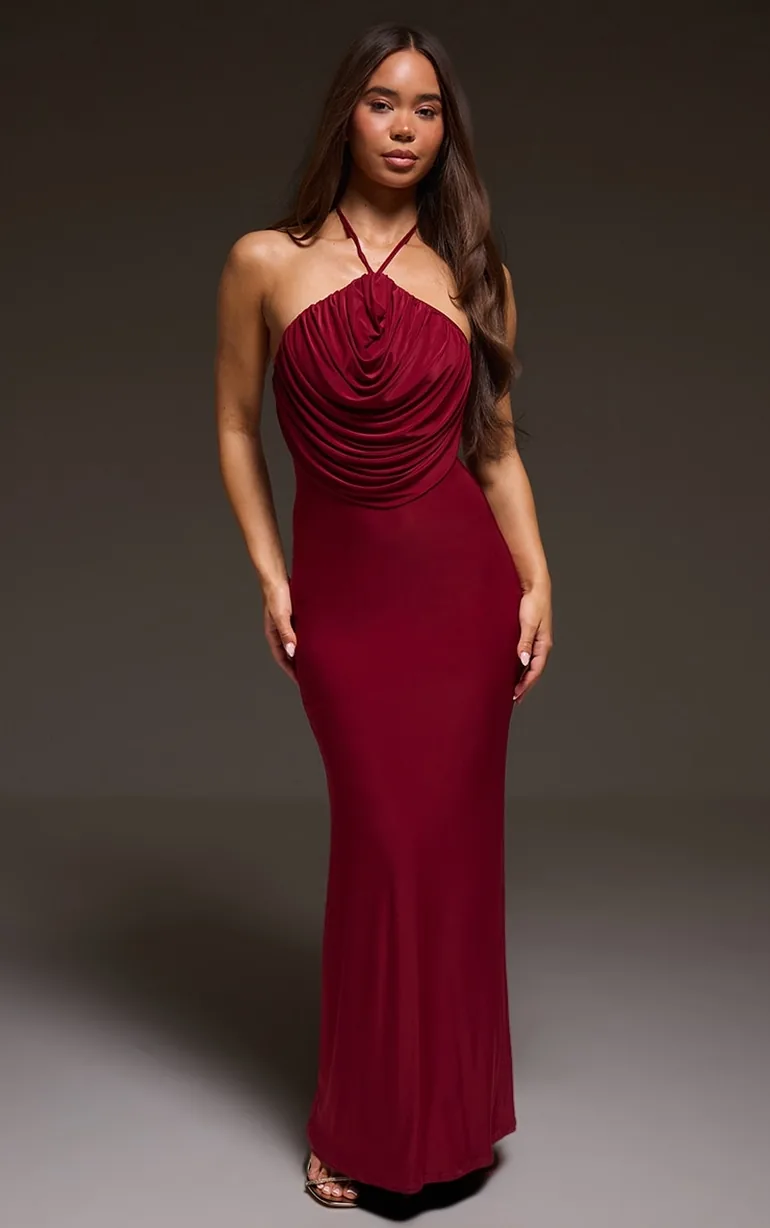 Burgundy Slinky Halterneck Draped Detail Maxi Dress Prettylittlething Red : Evening Dresses : VogaCloset Oman Burgundy Slinky Halterneck Draped Detail Maxi Dress Prettylittlething Red : Evening Dresses : VogaCloset Oman