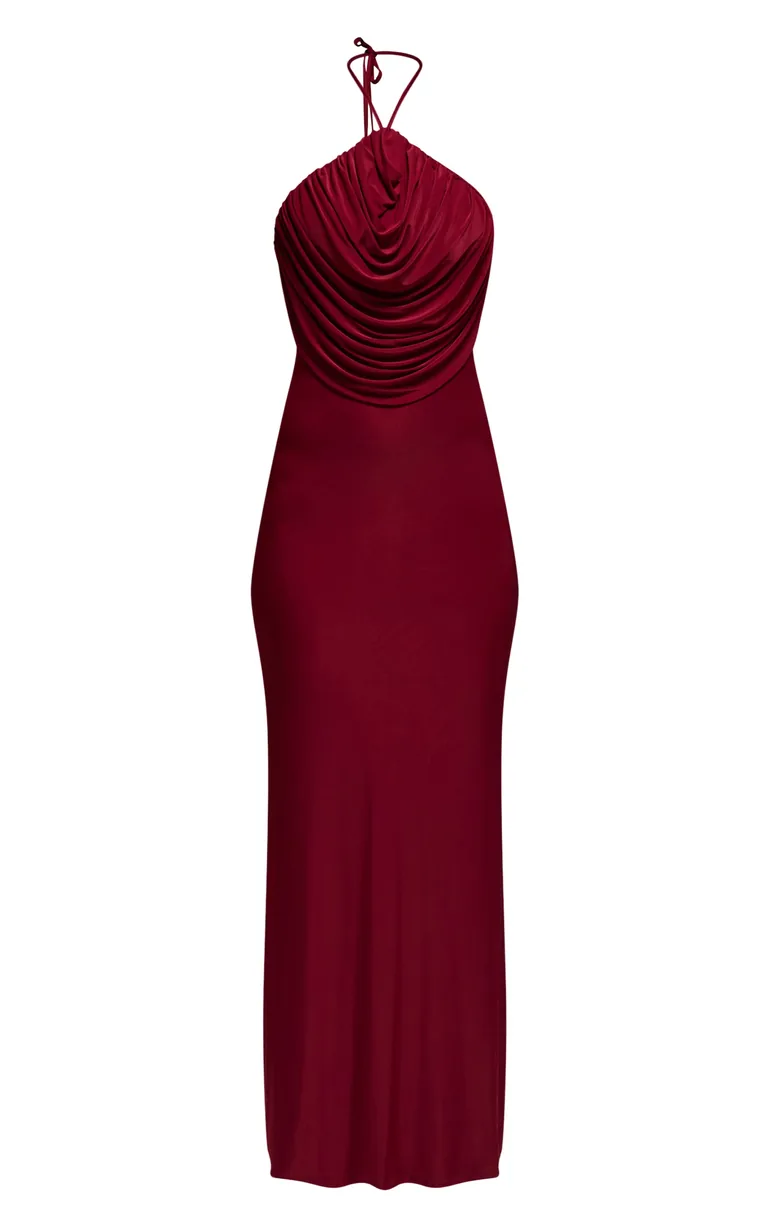 burgundy slinky maxi dress Mattea Slinky And Mesh Maxi Dress With Scarf / Burgundy | MESHKI