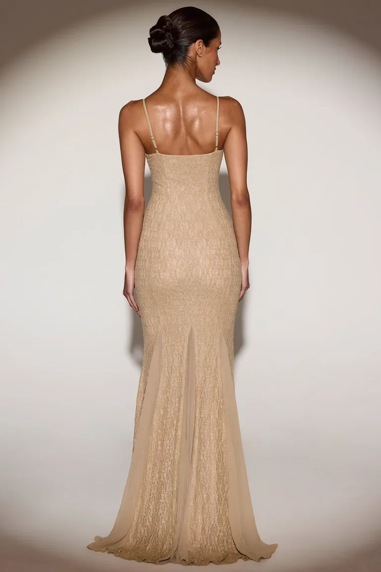 Metallic Lace Godet Gown in Gold - 2