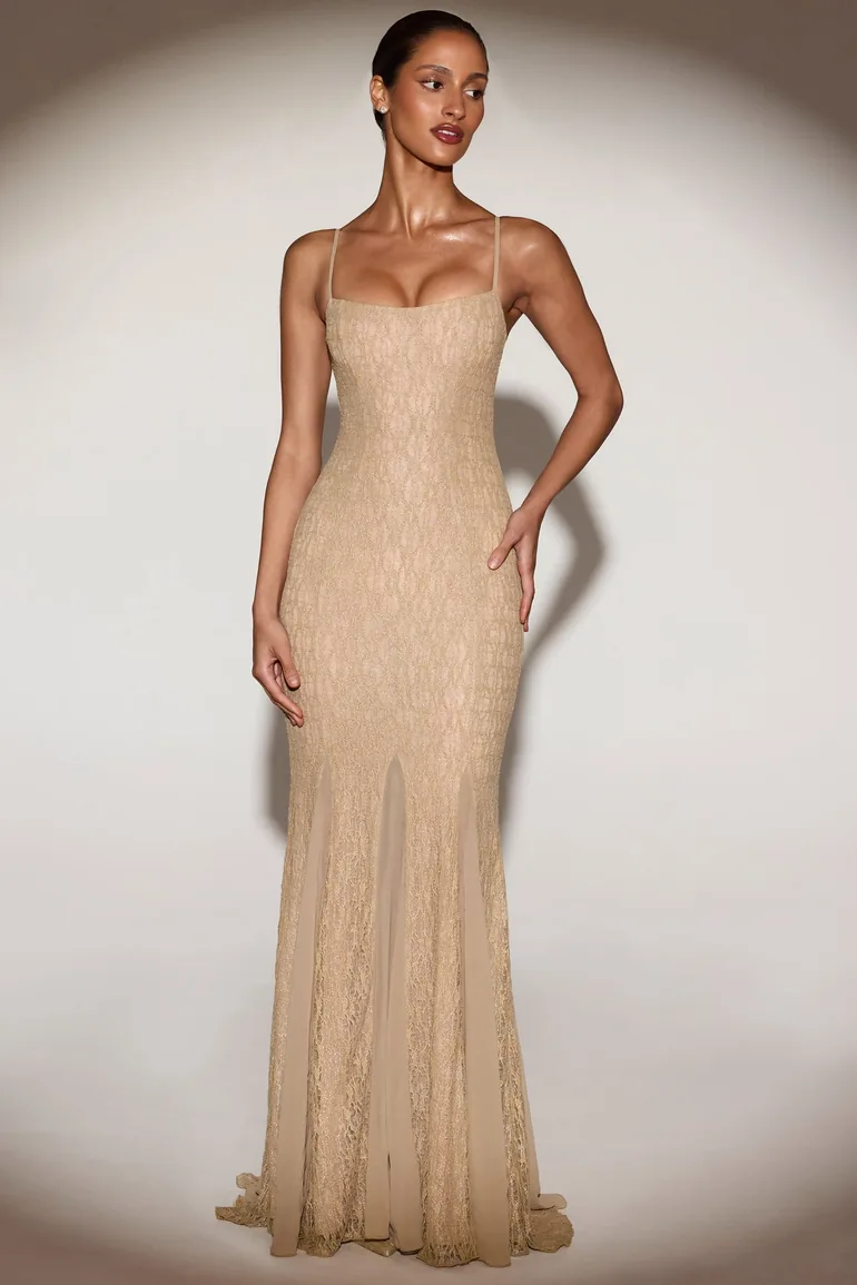 Metallic Lace Godet Gown in Gold - 6