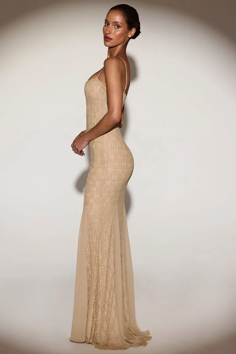 Metallic Lace Godet Gown in Gold - 3