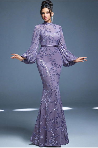 Leely High Neck Bishop Sleeve Prom Dress