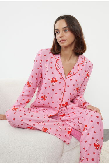 Pink-Multicolored Printed Piping Shally Woven Pajama Set