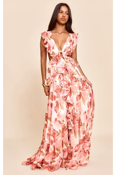 Petite Blush Floral Frill Maxi Dress