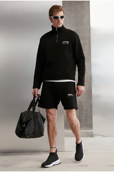 GRIMELANGE HALDEN Men's Fleece-Lined Stand Collar Half-Zip Printed Detail Regular Fit Black Sweatshirt