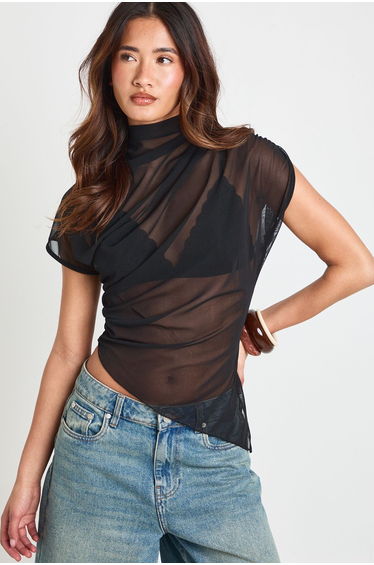 Mesh High Neck Ruched Side Asymmetric Top - black