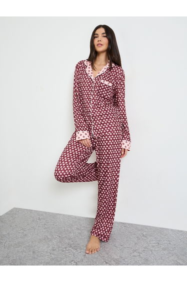 Burgundy Geo Contrast Print Shirt and Pyjama Set