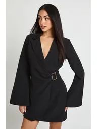 Buckle Detail Flared Sleeve Blazer Dress - black - 1