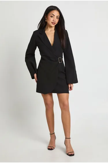 Buckle Detail Flared Sleeve Blazer Dress - black