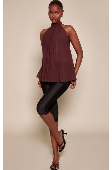 Chocolate Chiffon Plisse Drape Detail Halterneck Top