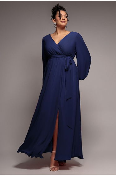 Wrap Back With Front Slit Chiffon Maxi Dress - Navy Blue by Goddiva Plus