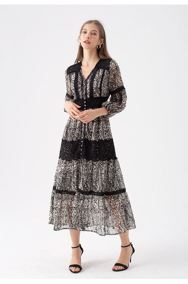 Black Floral Jacquard Crochet Trim Sheer Maxi Dress