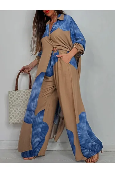 Long Sleeves Loose Floral Printed Split-Joint Split-Side Lapel Blouses&Shirts Tops