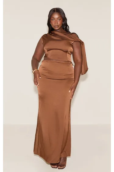 Plus Chocolate Mid Rise Satin Maxi Skirt