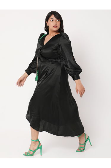 Plus Size Satin Wrap Front Midi Dress with Tulip Hem