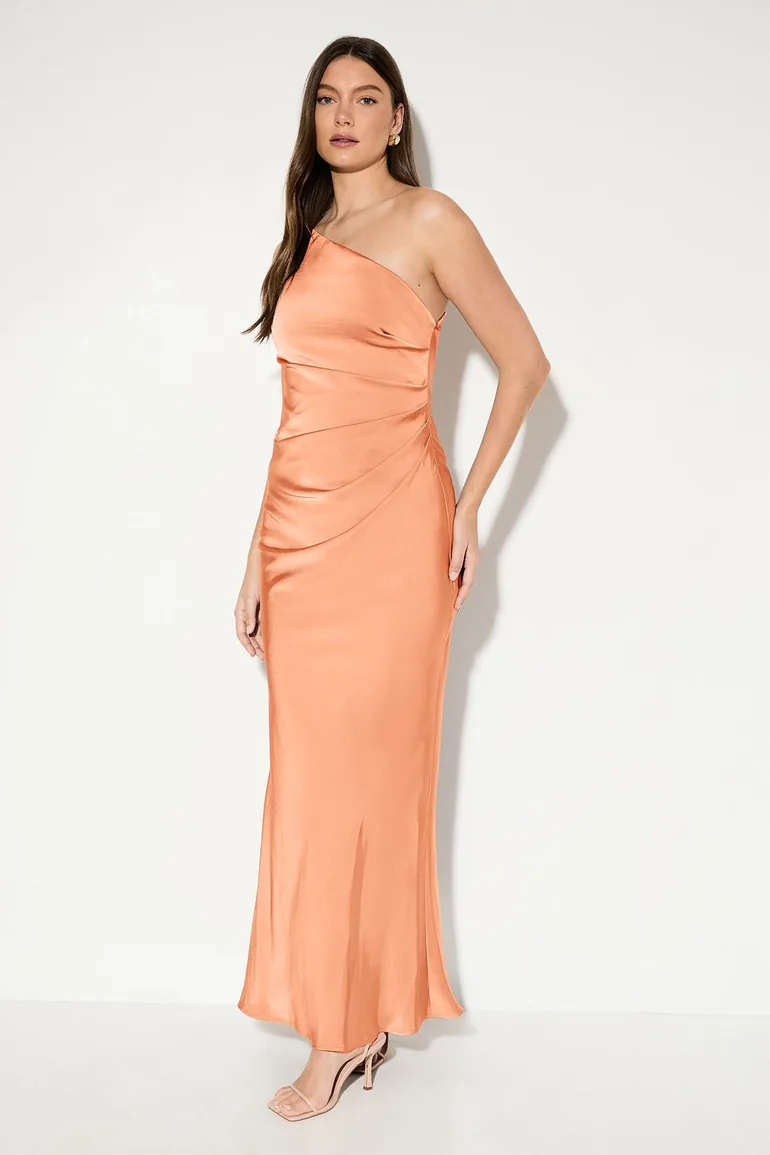 Satin Asymmetric Strap Pleated Waist Low Back Maxi Bridesmaid Dress