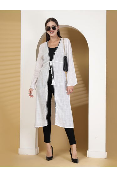 Women Embroidered Longline Tie-Up Shrug