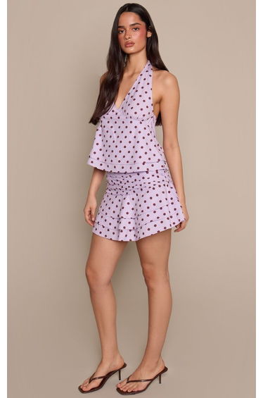 Lilac Polka Dot Cotton Halter Neck Tiered Top
