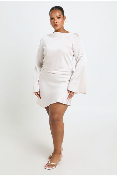 Plus Satin Asymmetric Neckline Ruched Shift Dress - ivory