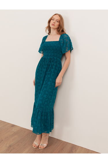 Lovedrobe Teal Floral Burnout Square Neck Shirred Maxi Dress