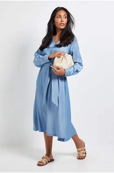 Petite Denim Look Tie Waist Midi Dress