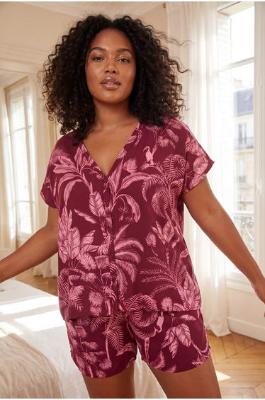 Pink Palm Pattern Batwing Sleeve Woven Plus Size Pajama Set