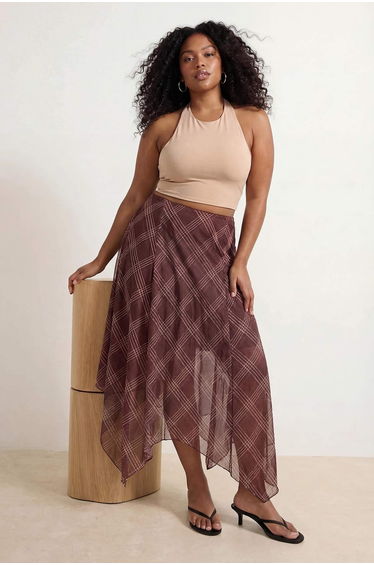 Brown Plaid Asymmetrical Lined Chiffon Crinkled Woven Asymmetrical Long Plus Size Skirt