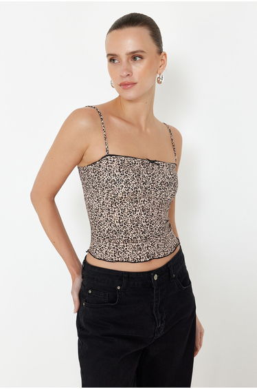 Brown Leopard Printed Strappy Crop Super Stretch Knitted Top