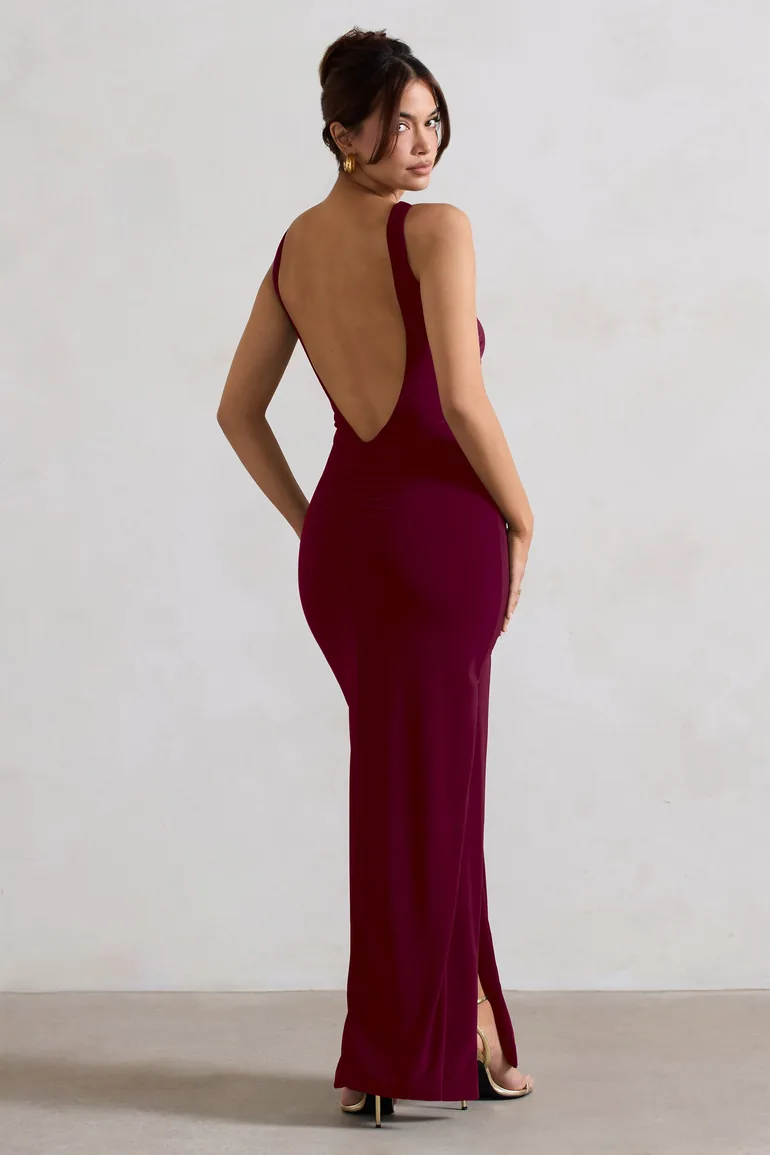 Kate | Merlot Square Neck Maxi Dress with Plunge Back and Side Thigh Split - 1