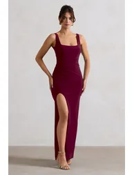 Kate | Merlot Square Neck Maxi Dress with Plunge Back and Side Thigh Split - 3