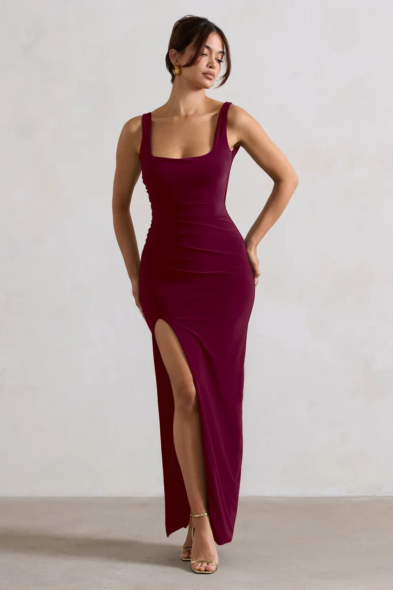 Kate | Merlot Square Neck Maxi Dress with Plunge Back and Side Thigh Split