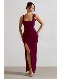 Kate | Merlot Square Neck Maxi Dress with Plunge Back and Side Thigh Split
