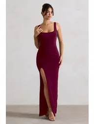 Kate | Merlot Square Neck Maxi Dress with Plunge Back and Side Thigh Split - 4
