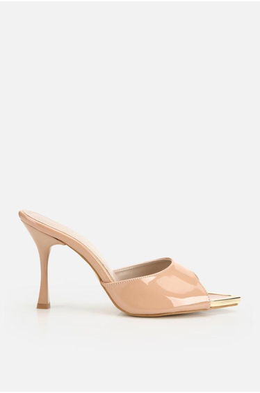 Women's beige patent leather high heel slippers with gold toe detail