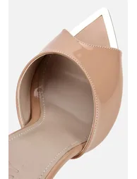 Women's beige patent leather high heel slippers with gold toe detail - 4