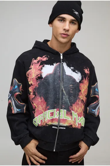 Oversized Boxy Acid Wash Gothic Graphic Zip Through Hoodie - black