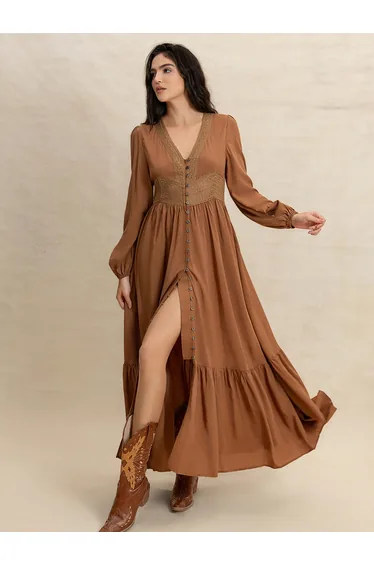 Women Brown Maxi Dress with Button Loop